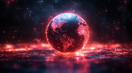 Poster - vibrant global business world represented as glowing radiant sphere with connecting regions