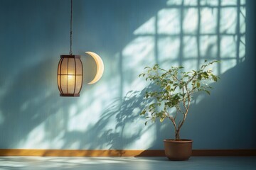 Wall Mural - A serene and minimalist home interior with a hanging lantern and a bonsai tree by the wall, showcasing natural light shafts and a modern design.