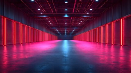 Poster - Futuristic Automated Warehouse with Vibrant Glowing Shelves and Drones Transporting Parcels