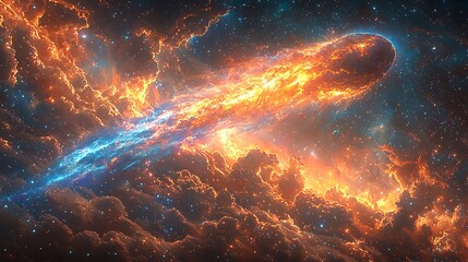Wall Mural - cosmic inferno: a fiery comet streaks across a nebula of vibrant orange and blue hues, creating a br