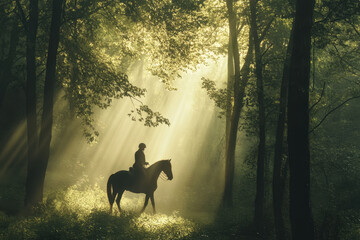 Wall Mural - Silhouette of a rider on horseback in a sun-dappled forest, surrounded by streaming light and mist, creating a serene and mystical atmosphere.