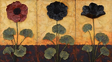 Wall Mural - Artistic three flowers of different colors are raised from the background on the wall