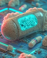 Poster - The collaboration between technology and pharmaceuticals is illustrated by a digital cloud structure encased in capsules, emphasizing innovation in healthcare
