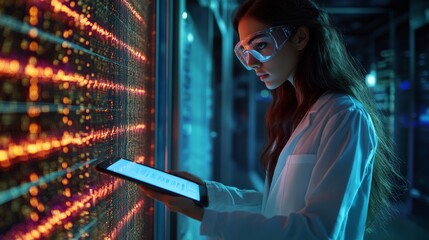 Poster - A female doctor uses a tablet to study digital health information, applying futuristic medical technology