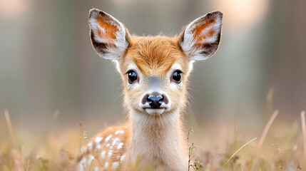 Wall Mural - Fawn portrait, forest background, nature scene, wildlife photography