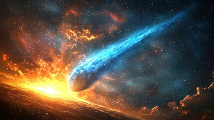 Wall Mural - cosmic collision: a fiery meteor streaks through the cosmos, leaving a blazing trail as it plummets 