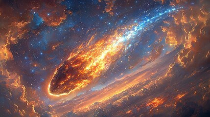 Wall Mural - celestial fury: a fiery meteor streaks across the cosmos, leaving a trail of incandescent dust in it