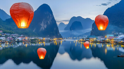 Sticker - Sky Lanterns over Calm River in Mountain Village