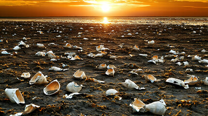 Poster - Sunset beach strewn with broken shells