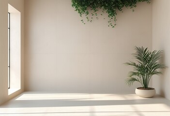 Wall Mural - A minimalist room corner features potted plants bathed in sunlight, casting shadows on a beige wall and light floor. The scene is serene and airy