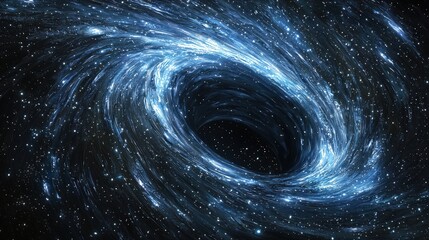 a mesmerizing view of a black hole in space, surrounded by swirling blue cosmic matter and sparkling
