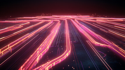 Poster - Abstract Futuristic Red and Purple Light Trails on a Dark Surface Creating Networked Pathways