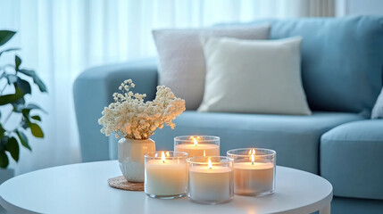 Wall Mural - Close up of candles on white coffee table near blue sofa. Scandinavian  living room