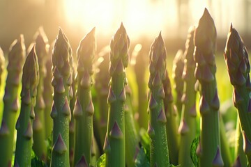 Wall Mural - Fresh asparagus stalks growing in a field during the golden hour.