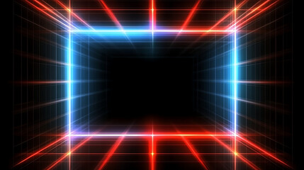 Poster - Abstract Rectangular Frame in Tunnel Illusion with Blue and Red Light on Grid Background Effect