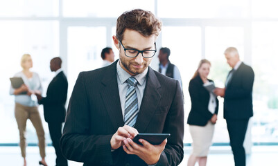 Poster - Seminar, research and business man with tablet, schedule planning and online registration. Reading, networking and businessman in office with digital app, glasses and corporate event management