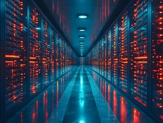 Poster - Glowing Digital Warehouses in Virtual Space Symbolizing Future of E commerce Logistics