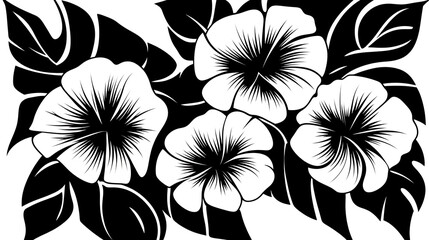Poster - Black and White Floral Arrangement with Elegant Petals and Bold Leaves Modern Botanical Design