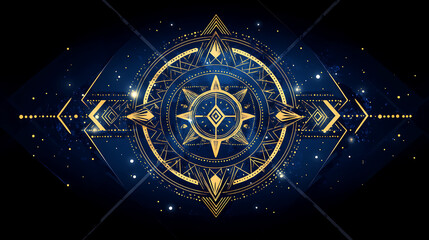 Wall Mural - Celestial Navigation Compass Golden Star Astrological Mandala Artistic Vector Graphic Design Dark Blue Theme