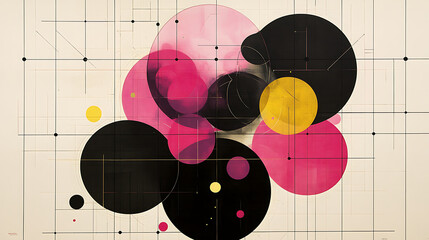 Poster - Circular Geometries in Dynamic Composition of Black Pink and Yellow on Grid Lines Abstraction