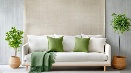 Wall Mural - Modern sofa with green cushions and plants in stylish living room