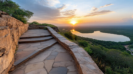 Wall Mural - serene sunrise over rocky landscape with winding river below