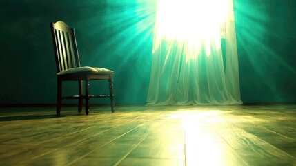 Poster - Solitary chair illuminated by sunlight indoor room artistic photography calm atmosphere perspective on solitude