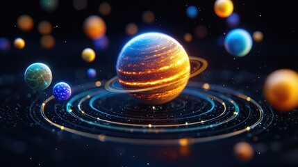 Poster - Exploring the solar system planets and moons space digital art cosmic environment bird's eye view astronomy concept