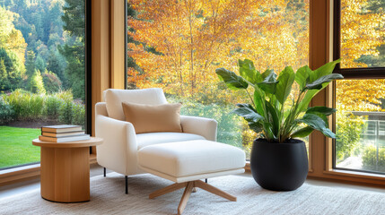 Wall Mural - cozy reading nook with white chair, plant, and autumn view