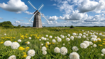 Wall Mural - traditional Danish windmill stands tall amidst vibrant flowers and lush greenery, creating