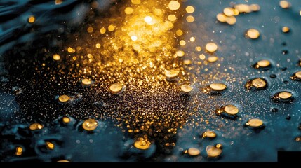 Wall Mural - golden water drops: sparkling texture, abstract background, luxury design, nature photography