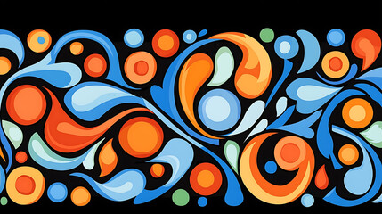 Poster - Decorative Floral Pattern with Swirls and Circles in Blue Orange and Green Against Black Backdrop