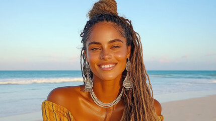 Wall Mural - woman with long hair smiles on beach, wearing stylish jewelry