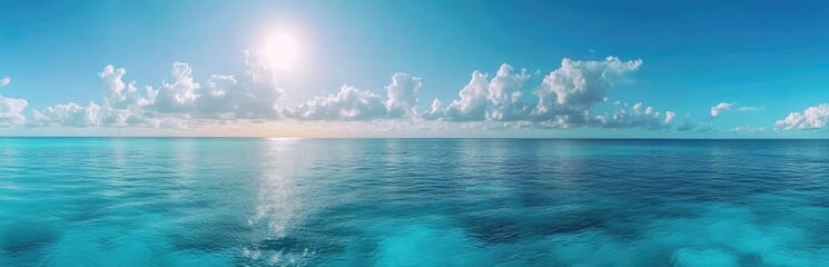 Wall Mural - sunny ocean panorama; tranquil water, bright sky, puffy clouds; idyllic travel, website background