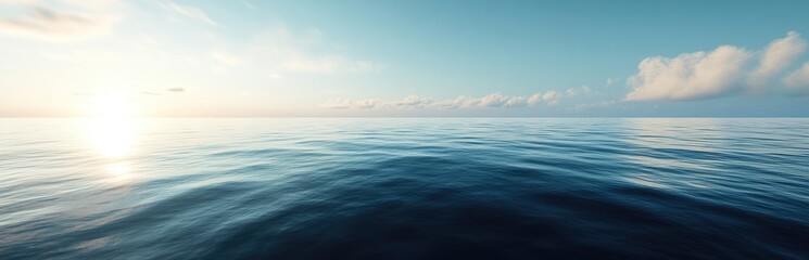 Wall Mural - ocean sunrise, calm waves, cloudy sky, seascape background, website banner