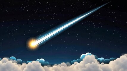 Wall Mural - Bright comet falling through starry night sky above clouds animation
