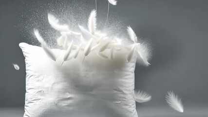 Wall Mural - White pillow exploding with feathers on gray background