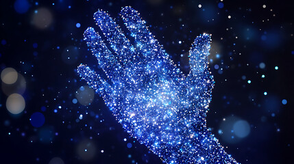 Poster - Digital Hand Composed of Sparkling Blue Lights Forming a Connection to the Future Era