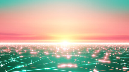 Poster - Digital Network Landscape with a Horizon Glowing Sunrise Connecting Data Points and Lines Art