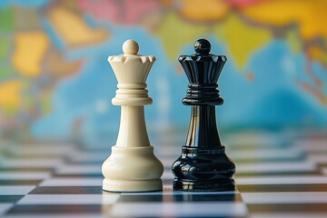 Wall Mural - Global Competition: White and Black Queens on a Chessboard