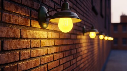 Poster - Illuminated vintage bulbs on brick wall urban setting photography evening light close-up view warm atmosphere
