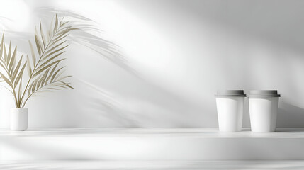 Poster - Minimalist coffee cups, plant shadow, white room, product display