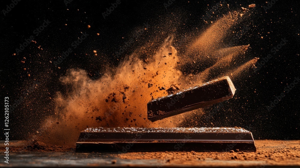 A dynamic shot of chocolate bar snapping in half with cocoa powder ...