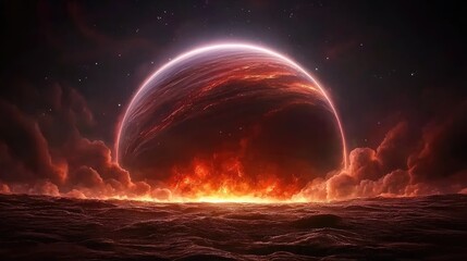 Poster - Celestial event planetary rise over fiery horizon cosmic landscape digital art night sky imagination