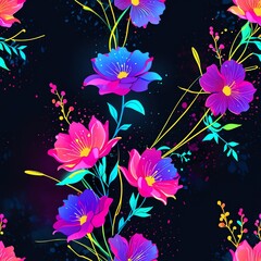 Canvas Print - Neon Floral Fantasy: A vibrant explosion of color in a cosmic bouquet