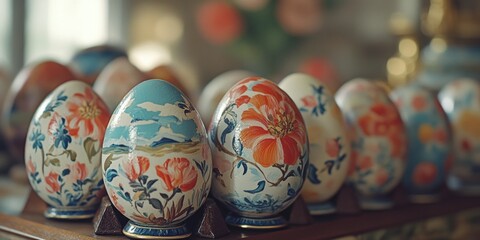 These ornate and colorful eggs are beautifully painted with traditional designs and flower patterns, making them an elegant Easter decoration or a unique gift idea.