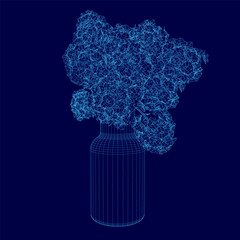 Poster - A vase filled with flowers is shown in a blue background. The flowers are arranged in a way that makes them look like they are floating in the air. The vase is placed on a table