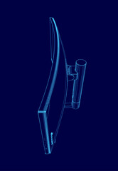 Poster - A blue image of a computer monitor with a handle. The monitor is a curved screen