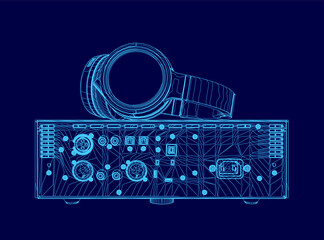 Poster - A blue drawing of a speaker and headphones. The headphones are on the left side of the speaker