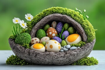 Decorative Easter eggs in moss-covered stone nest.